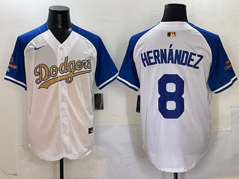 Men Los Angeles Dodgers 8 Hernandez White Blue Champion gold character Nike 2025 MLB Jersey style 504